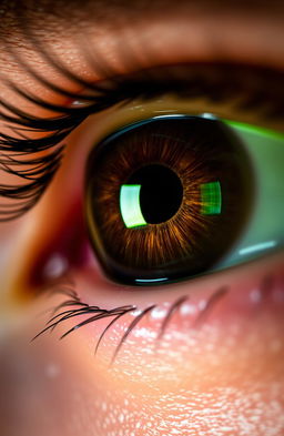 A close-up image of a human eye with dark brown iris enhanced by striking neon green streaks that radiate from the pupil, creating a captivating contrast