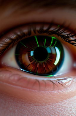 A close-up image of a human eye with dark brown iris enhanced by striking neon green streaks that radiate from the pupil, creating a captivating contrast