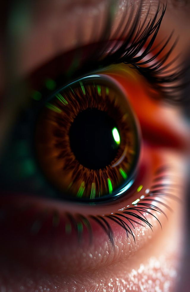 A close-up image of a human eye with dark brown iris enhanced by striking neon green streaks that radiate from the pupil, creating a captivating contrast