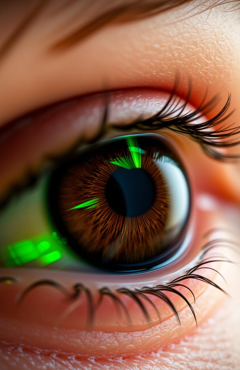 A close-up image of a human eye with dark brown iris enhanced by striking neon green streaks that radiate from the pupil, creating a captivating contrast