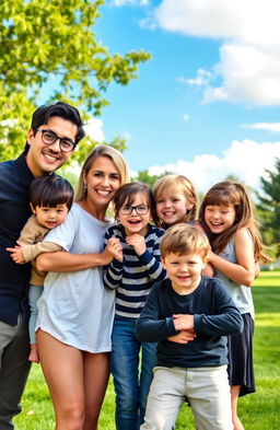 A happy family portrait featuring seven family members in a cheerful outdoor setting