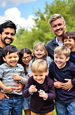 A happy family portrait featuring seven family members in a cheerful outdoor setting