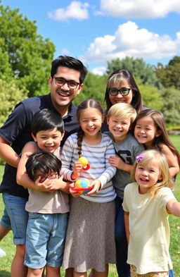 A happy family portrait featuring seven family members in a cheerful outdoor setting