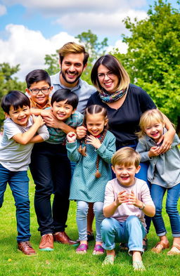 A happy family portrait featuring seven family members in a cheerful outdoor setting