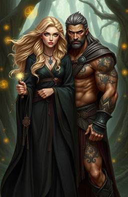 A stunning sandy blonde witch with flowing hair and enchanting green eyes, dressed in a beautifully detailed, flowing dark cloak adorned with mystical symbols