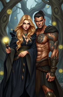 A stunning sandy blonde witch with flowing hair and enchanting green eyes, dressed in a beautifully detailed, flowing dark cloak adorned with mystical symbols