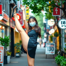A beautiful Japanese college girl wearing a stylish mask and a fashionable short dress, gracefully lifting her legs up to stretch in a vibrant urban setting