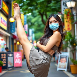 A beautiful Japanese college girl wearing a stylish mask and a fashionable short dress, gracefully lifting her legs up to stretch in a vibrant urban setting