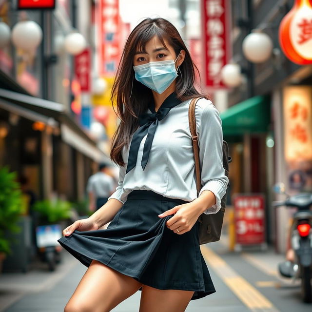 A beautiful Japanese college girl wearing a stylish mask and a trendy short skirt, playfully lifting her skirt in a lighthearted manner