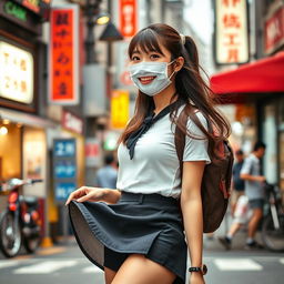 A beautiful Japanese college girl wearing a stylish mask and a trendy short skirt, playfully lifting her skirt in a lighthearted manner