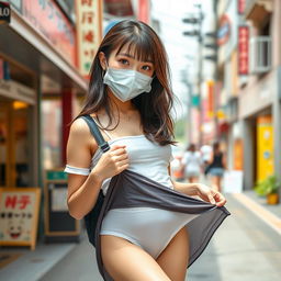 A beautiful Japanese college girl wearing a stylish mask and a trendy short skirt, playfully lifting her skirt up in a carefree manner to reveal her fashionable ladies' underwear