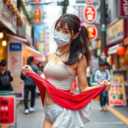 A beautiful Japanese college girl wearing a stylish mask and a trendy short skirt, playfully lifting her skirt up in a carefree manner to reveal her fashionable ladies' underwear