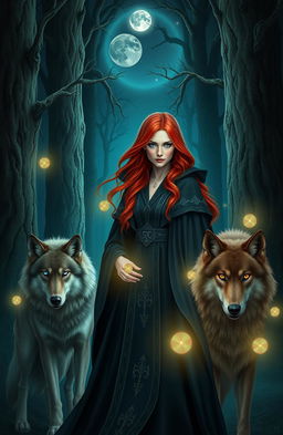 A beautiful redhead witch with long flowing hair and captivating green eyes, dressed in an elegant dark cloak adorned with mystical symbols, standing in a moonlit forest