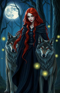 A beautiful redhead witch with long flowing hair and captivating green eyes, dressed in an elegant dark cloak adorned with mystical symbols, standing in a moonlit forest