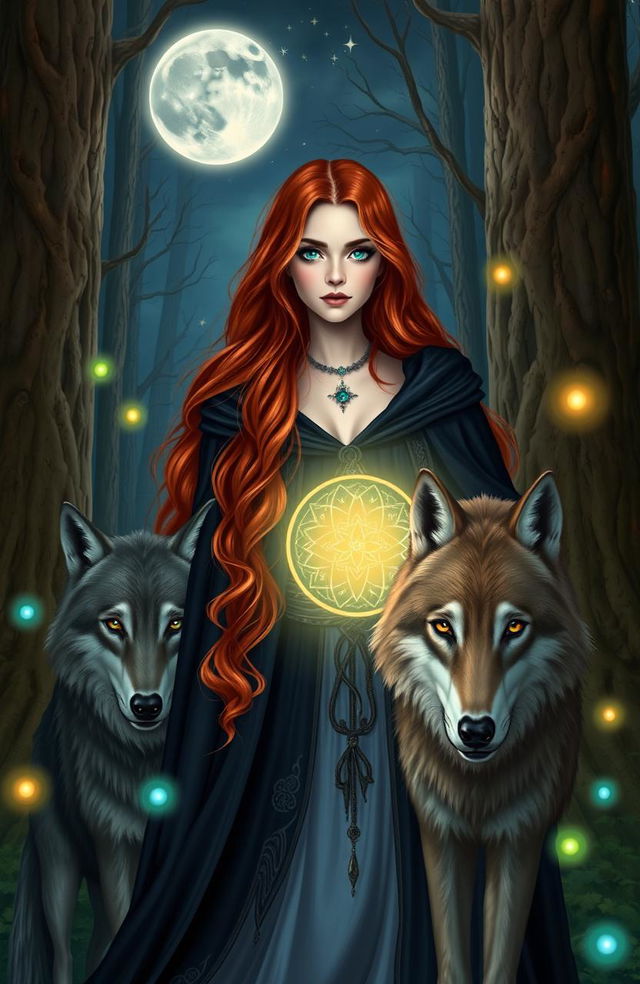 A beautiful redhead witch with long flowing hair and captivating green eyes, dressed in an elegant dark cloak adorned with mystical symbols, standing in a moonlit forest