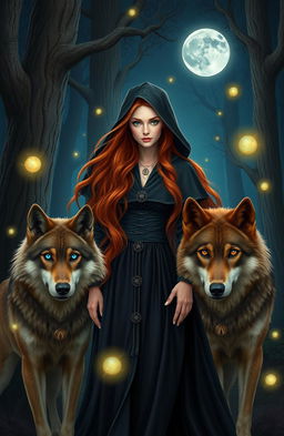 A beautiful redhead witch with long flowing hair and captivating green eyes, dressed in an elegant dark cloak adorned with mystical symbols, standing in a moonlit forest