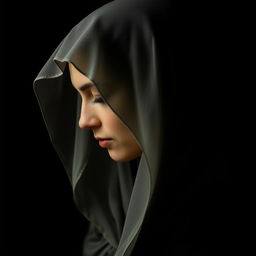 A woman in profile wearing a veil that partially covers her face, possibly adorned with a small crucifix around her neck
