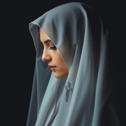 A woman in profile wearing a veil that partially covers her face, possibly adorned with a small crucifix around her neck