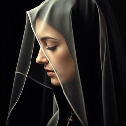 A woman in profile wearing a veil that partially covers her face, possibly adorned with a small crucifix around her neck