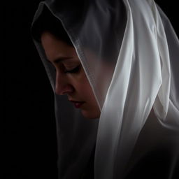 A woman in profile wearing a veil that partially covers her face, possibly adorned with a small crucifix around her neck