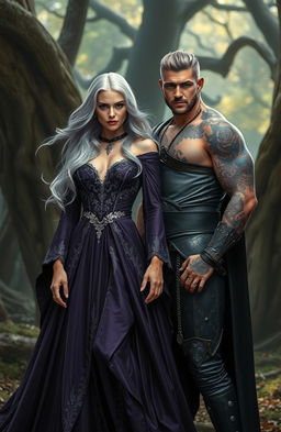 A beautiful silver blonde witch with flowing hair, dressed in an elegant, flowing dark purple gown that shimmers with silver accents, standing confidently in a mystical forest