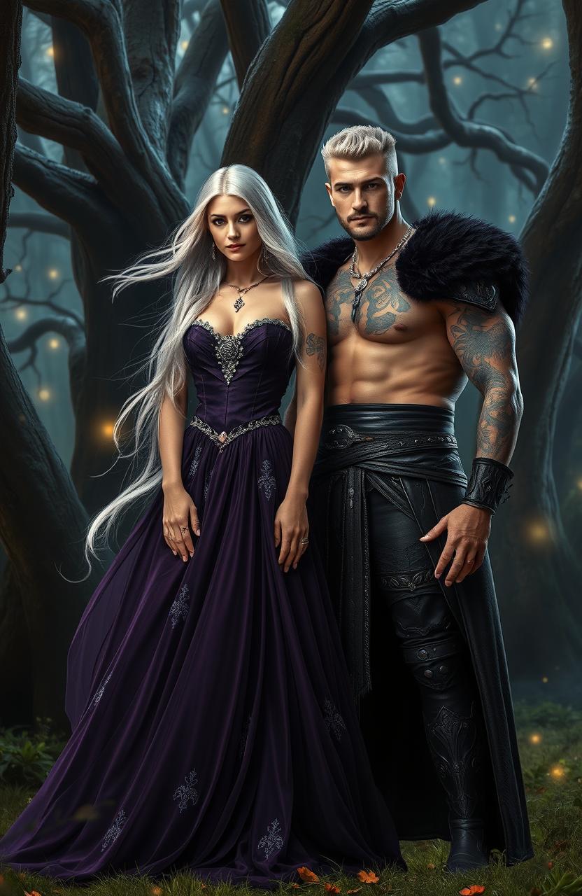 A beautiful silver blonde witch with flowing hair, dressed in an elegant, flowing dark purple gown that shimmers with silver accents, standing confidently in a mystical forest