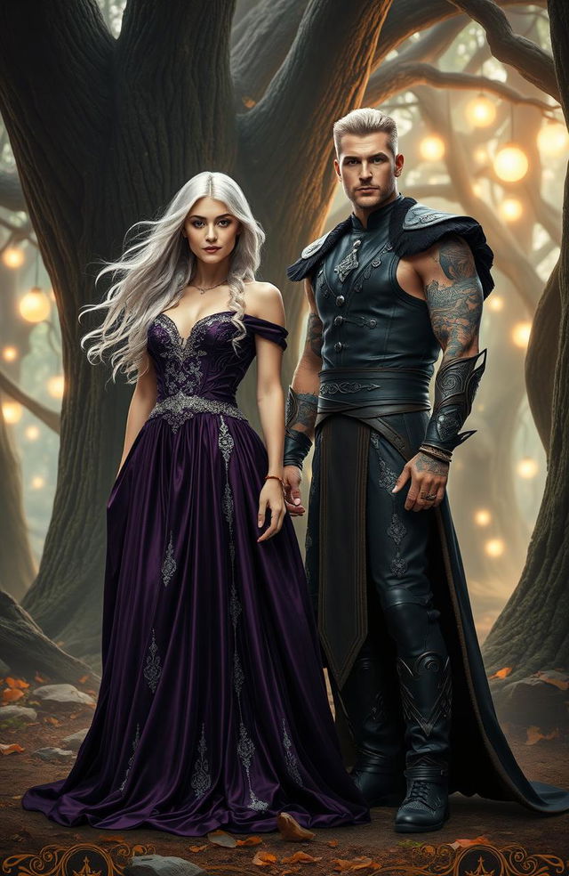 A beautiful silver blonde witch with flowing hair, dressed in an elegant, flowing dark purple gown that shimmers with silver accents, standing confidently in a mystical forest