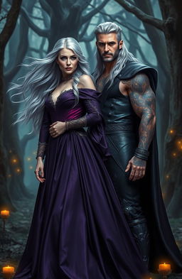 A beautiful silver blonde witch with flowing hair, dressed in an elegant, flowing dark purple gown that shimmers with silver accents, standing confidently in a mystical forest