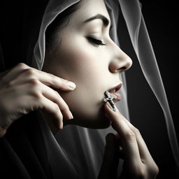 A woman in profile with her face raised, wearing a veil