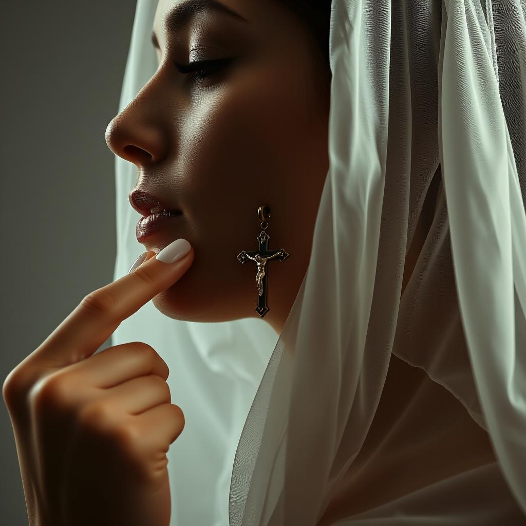 A woman in profile with her face raised, wearing a veil