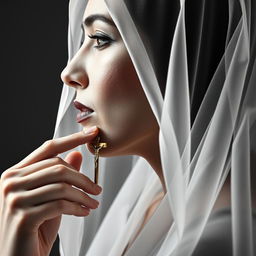 A woman in profile with her face raised, wearing a veil