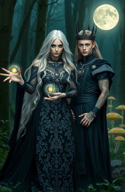 A stunning silver blond gothic witch with long flowing hair, dressed in an elegant dark lace gown adorned with intricate silver details, casting a spell with glowing magical orbs in her hands