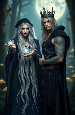 A stunning silver blond gothic witch with long flowing hair, dressed in an elegant dark lace gown adorned with intricate silver details, casting a spell with glowing magical orbs in her hands
