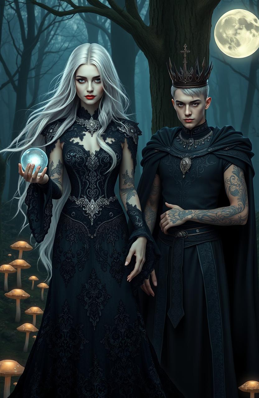 A stunning silver blond gothic witch with long flowing hair, dressed in an elegant dark lace gown adorned with intricate silver details, casting a spell with glowing magical orbs in her hands