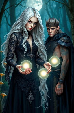 A stunning silver blond gothic witch with long flowing hair, dressed in an elegant dark lace gown adorned with intricate silver details, casting a spell with glowing magical orbs in her hands