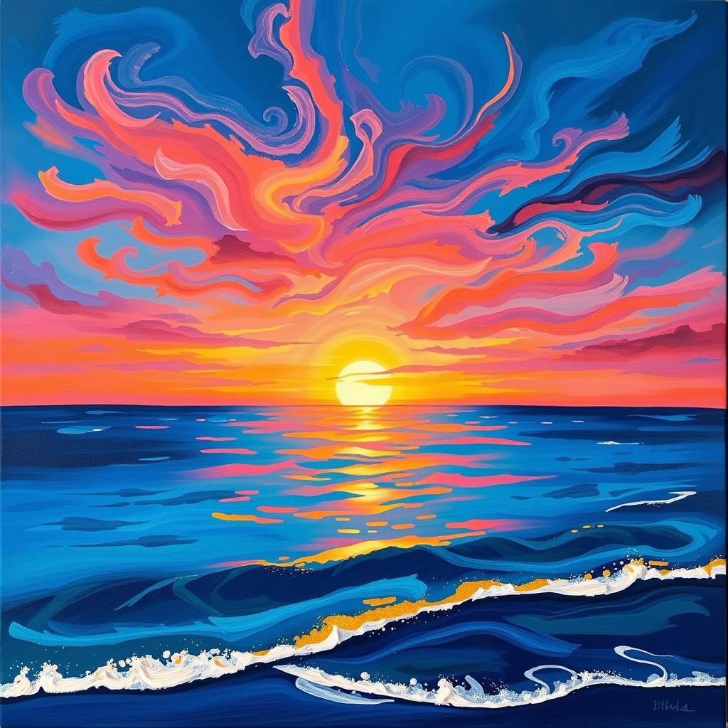 An abstract painting depicting a stunning sunset over the Gulf of Mexico