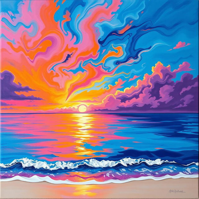 An abstract painting depicting a stunning sunset over the Gulf of Mexico