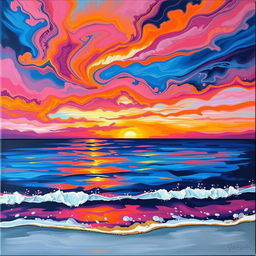 An abstract painting depicting a stunning sunset over the Gulf of Mexico