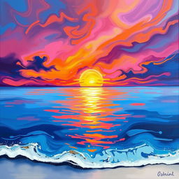 An abstract painting depicting a stunning sunset over the Gulf of Mexico