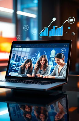 A high-tech, modern e-banking interface displayed on a sleek laptop screen