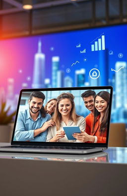 A high-tech, modern e-banking interface displayed on a sleek laptop screen