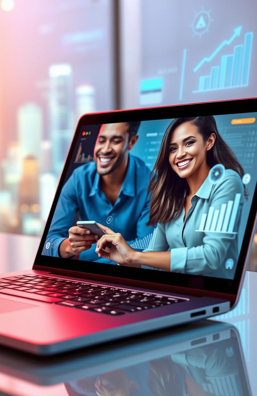 A high-tech, modern e-banking interface displayed on a sleek laptop screen