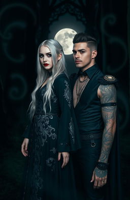 A gothic silver blonde witch standing mysteriously in a dark forest