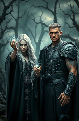 A striking gothic scene featuring a silver-blond witch dressed in dark, flowing robes adorned with mystical symbols