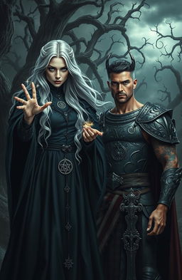 A striking gothic scene featuring a silver-blond witch dressed in dark, flowing robes adorned with mystical symbols