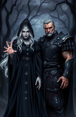A striking gothic scene featuring a silver-blond witch dressed in dark, flowing robes adorned with mystical symbols