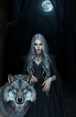 A beautiful gothic silver blonde witch standing in a dark enchanted forest, with intricate silver jewelry adorning her neck and fingers