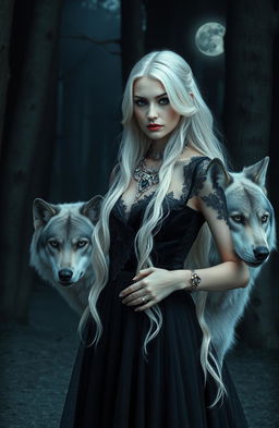 A beautiful gothic silver blonde witch standing in a dark enchanted forest, with intricate silver jewelry adorning her neck and fingers