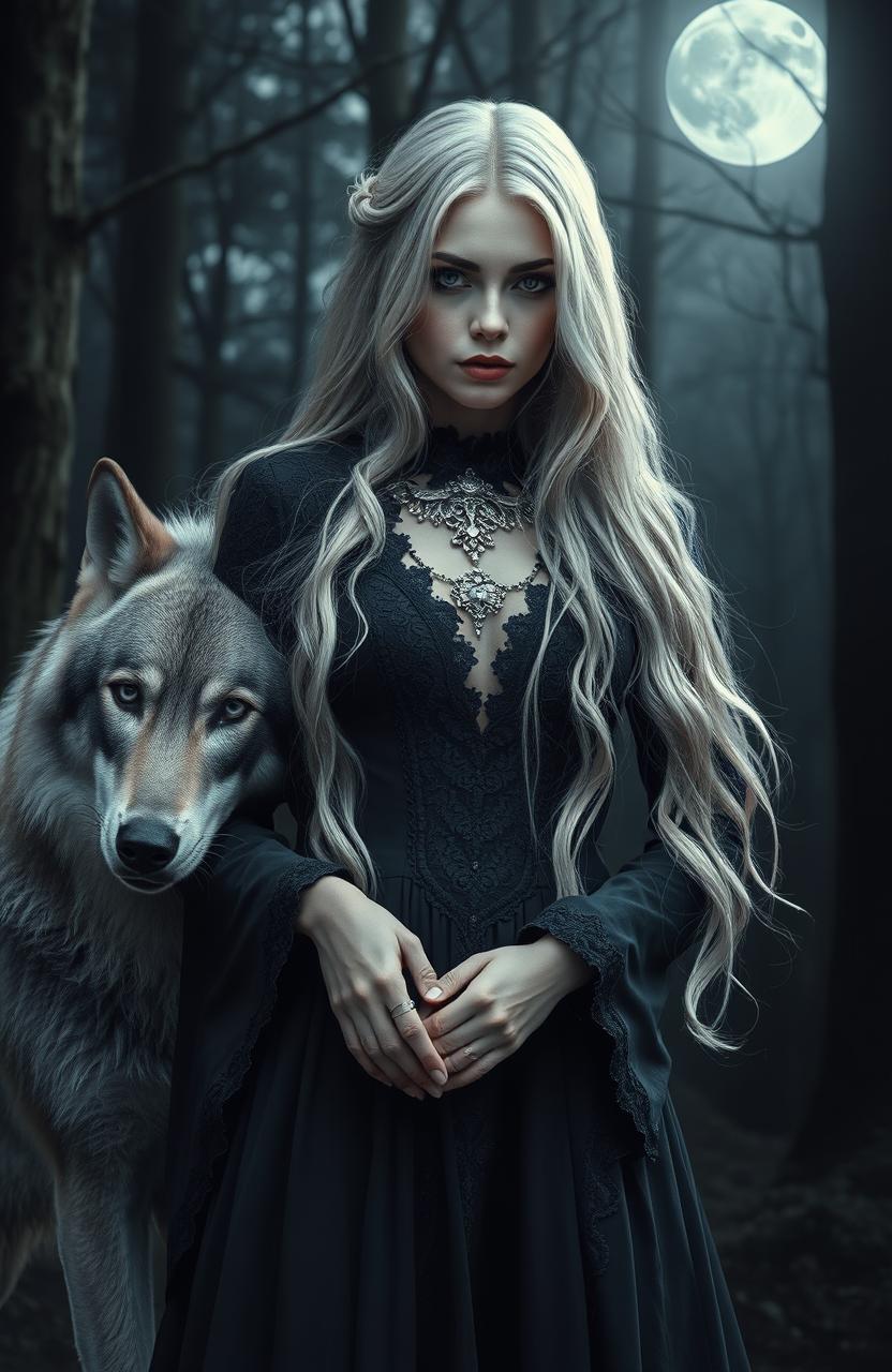 A beautiful gothic silver blonde witch standing in a dark enchanted forest, with intricate silver jewelry adorning her neck and fingers