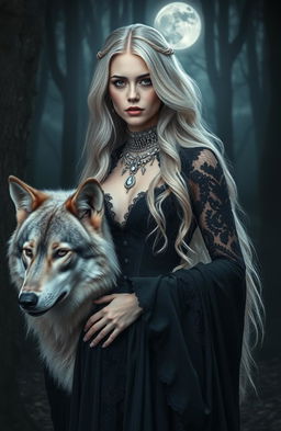 A beautiful gothic silver blonde witch standing in a dark enchanted forest, with intricate silver jewelry adorning her neck and fingers